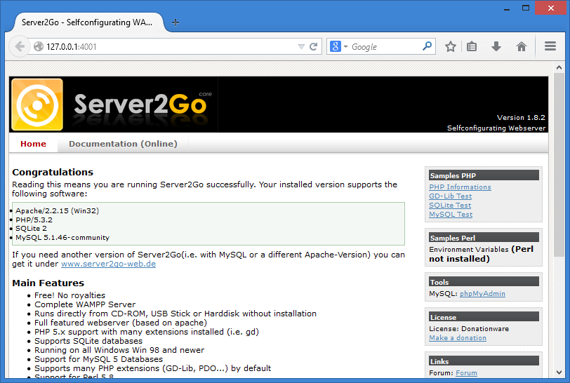 Tampilan awal Server2Go