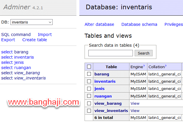 Tampilan Isi Database, Tabel dan View