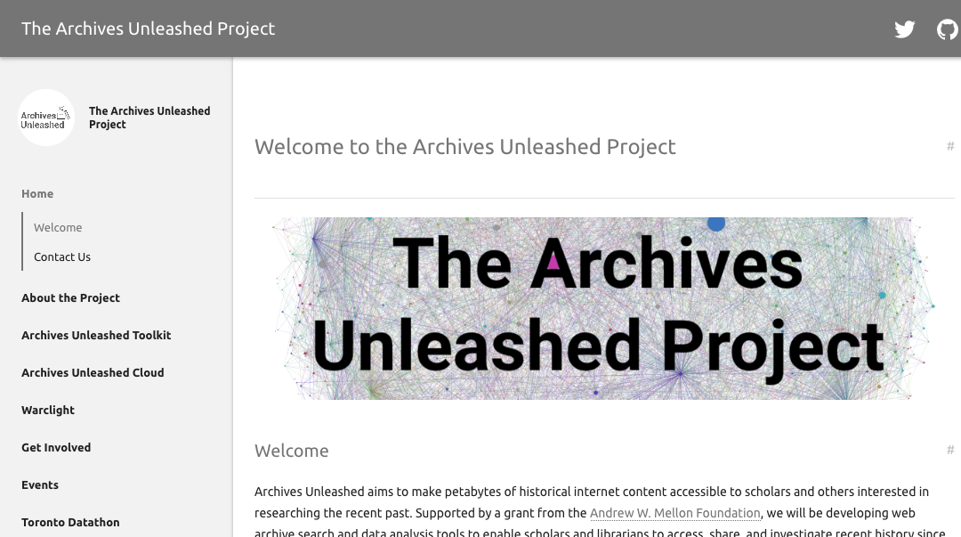 Screenshot of the archives unleashed website