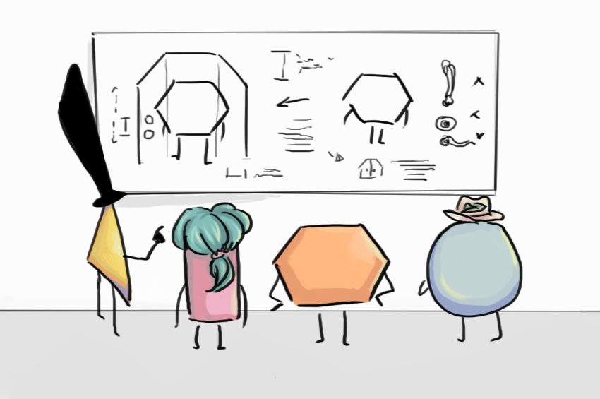 An image of a triangle, rectangle, hexagon and circle looking at a whiteboard discussing how to make the best possible doorway for a hexagon.