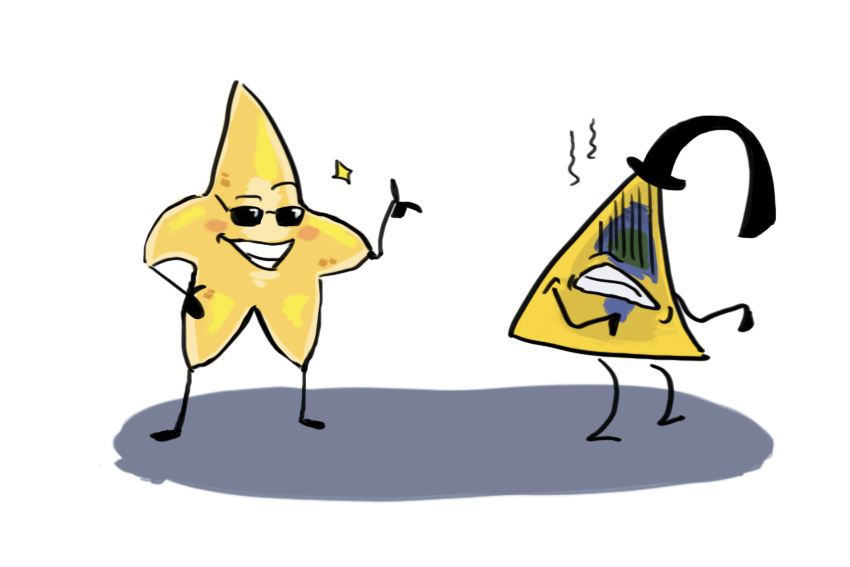 An image of a shiny yellow star with sunglasses flirtingly snapping and pointing at a disgusted yellow triangle with a droppy top hat.
