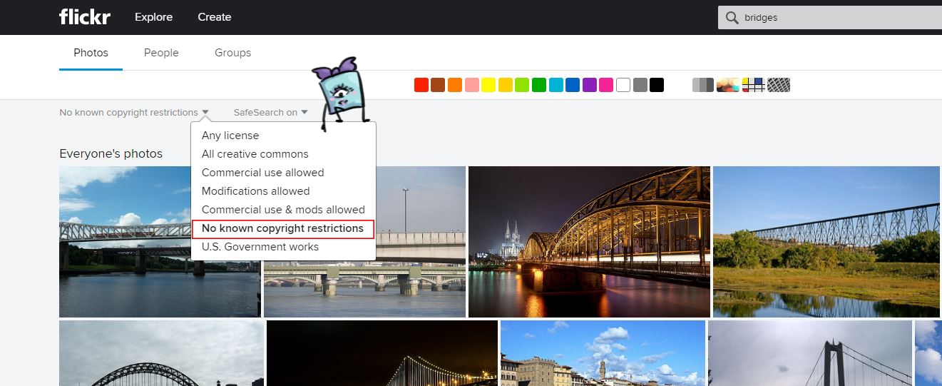 The flickr page with the copyright restrictions dropdown menu open.