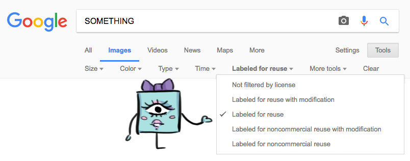 A square gesturing to where in google can one find the different reuse label search tools.