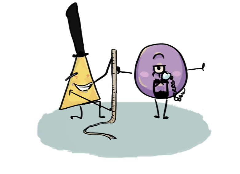 A purple circle is being tape measured length wise by a yellow triangle who is a tailor.