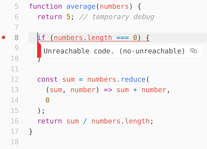 Only the first line of unreachable code is highlighted in red.