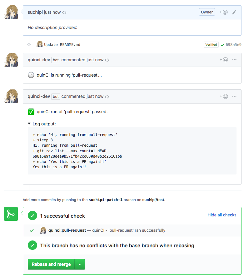 quinCI's GitHub bot posting comments on GitHub and setting the commit status