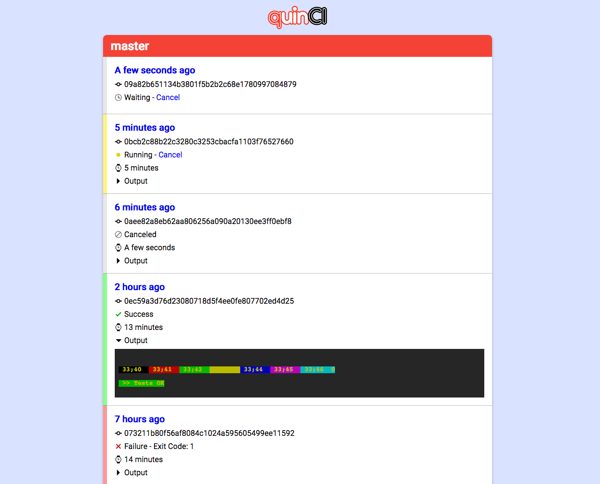 quinCI's web UI, showing the status of different jobs and their run output